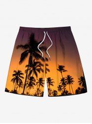 Plus Size Coconut Tree Ombre Dusk Print Hawaii Drawstring Pocket Beach Shorts For Men -  