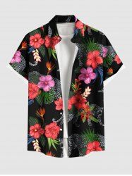 Chemise hawaïenne grande taille à imprimé léopard et feuilles tropicales, hibiscus et fleurs, avec poches boutonnées pour homme - Noir S