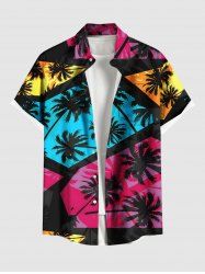 Plus Size Coconut Tree Geometric Colorblock Print Hawaii Button Pocket Shirt For Men -  