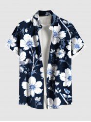 Plus Size Hibiscus Flower Branch Print Hawaii Ombre Button Pocket Shirt For Men -  