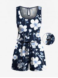 Plus Size Hibiscus Flower Branch Print Hawaii Ombre Drawstring Pocket Romper -  