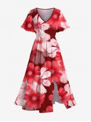 Plus Size Ombre Daisy Flower Print Hawaii Split Pocket A Line Midi Dress -  