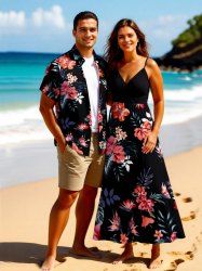 Tenue de plage hawaïenne assortie grande taille à imprimé feuilles tropicales et fleurs d'hibiscus pour couples - Noir 