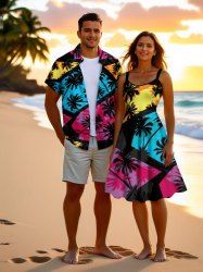 Tenue de plage hawaïenne assortie grande taille à imprimé géométrique cocotier pour couple - Rouge 