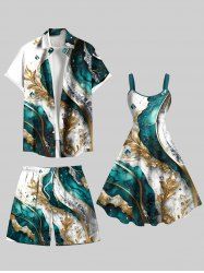 Tenue de plage hawaïenne grande taille à imprimé feuilles et diamants métalliques pour couples - Vert 