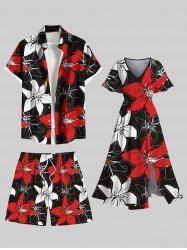 Hibiscus Flower Print Plus Size Matching Hawaii Beach Outfit For Couples -  