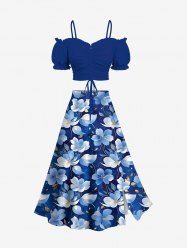 Cinched Ruffles Cold Shoulder Cami Top and Flowers Print Split Hawaii Skirt Plus Size Matching Set -  