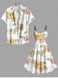 Hibiscus Flower Leaf Coconut Tree Tropical Print Plus Size Matching Hawaii Beach Outfit For Couples - Blanc 