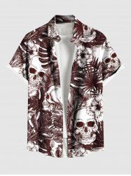 Plus Size Skulls Tropical Leaf Hibiscus Flowers Print Buttons Pocket Hawaii Shirt For Men -  