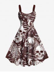 Robe débardeur hawaïenne grande taille à imprimé tête de mort, feuilles tropicales, hibiscus et fleurs - café 5X