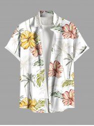 Plus Size Hibiscus Flower Leaf Coconut Tree Tropical Print Buttons Pocket Hawaii Shirt For Men -  