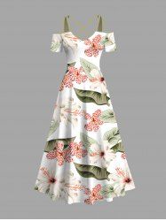 Plus Size Hibiscus Flowers Leaf Tropical Print Cold Shoulder Crisscross Hawaii Maxi Dress -  
