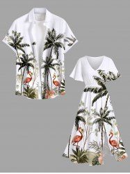Tenue de plage hawaïenne assortie grande taille, motif cocotier, flamant rose et fleurs d'hibiscus, pour couples - Blanc 