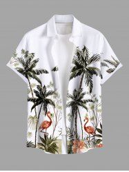Chemise hawaïenne grande taille à imprimé cocotier, flamant rose, hibiscus et fleurs, boutons et poches pour homme - Blanc 4XL
