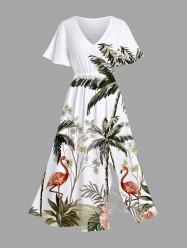 Robe mi-longue hawaïenne fendue grande taille à imprimé cocotier, flamant rose et fleurs d'hibiscus - Blanc 3X