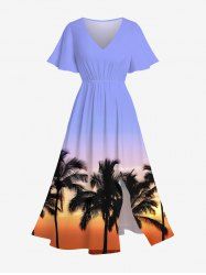 Robe mi-longue trapèze grande taille à imprimé cocotiers, dégradé, coucher de soleil et crépuscule, style hawaïen, avec poches fendues - Bleu clair L