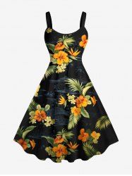 Plus Size Tropical Leaf Hibiscus Flower Print Hawaii A Line Tank Dress -  