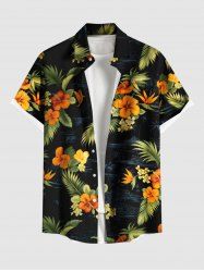 Plus Size Tropical Leaf Hibiscus Flower Print Hawaii Button Pocket Shirt For Men -  
