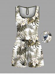 Plus Size Tropical Leaf Hibiscus Flower Print Cinched Hawaii Romper - Vert 6X