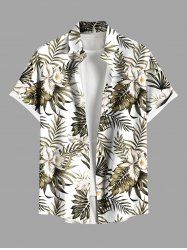 Plus Size Tropical Leaf Hibiscus Flower Print Buttons Pocket Hawaii Shirt For Men -  