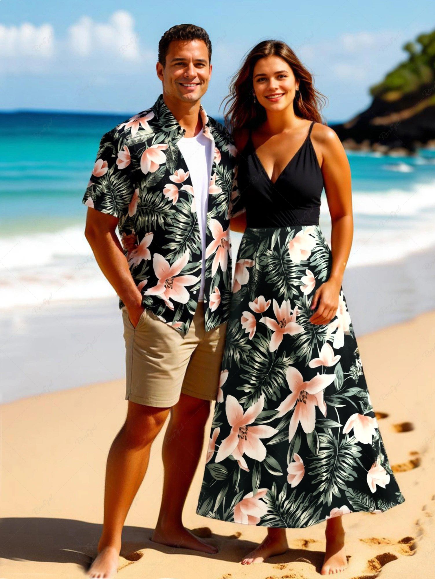 Tenue de plage hawaïenne assortie grande taille à imprimé feuilles tropicales et fleurs pour couples Noir 