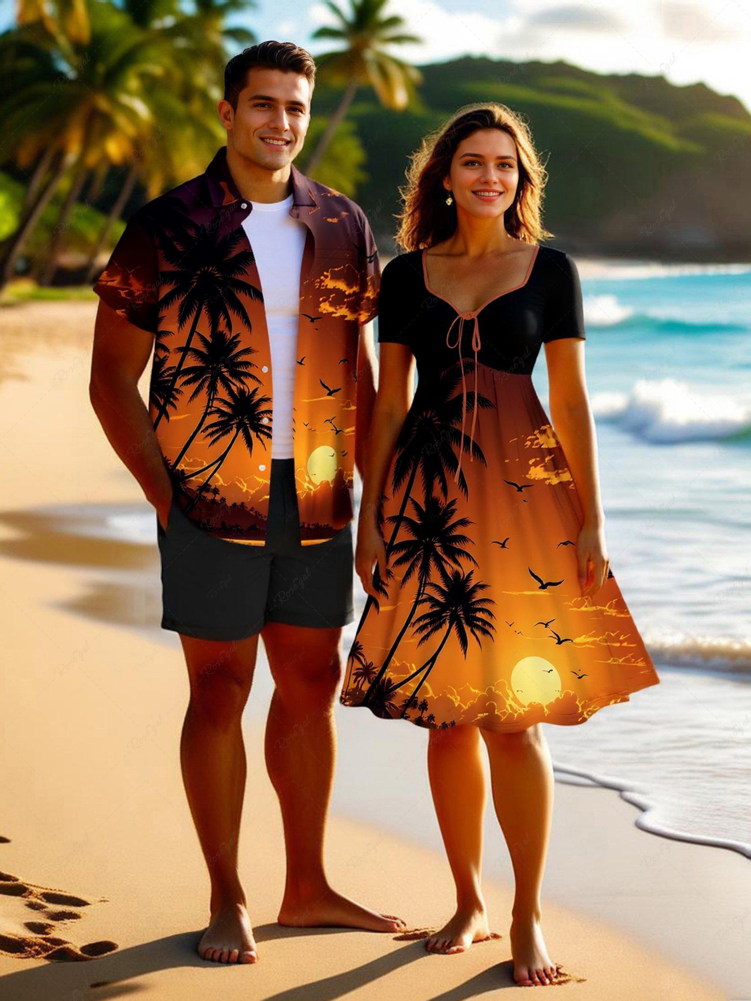 Fashion Coconut Tree Ombre Dusk Sunset Print Plus Size Matching Hawaii Beach Outfit For Couples  