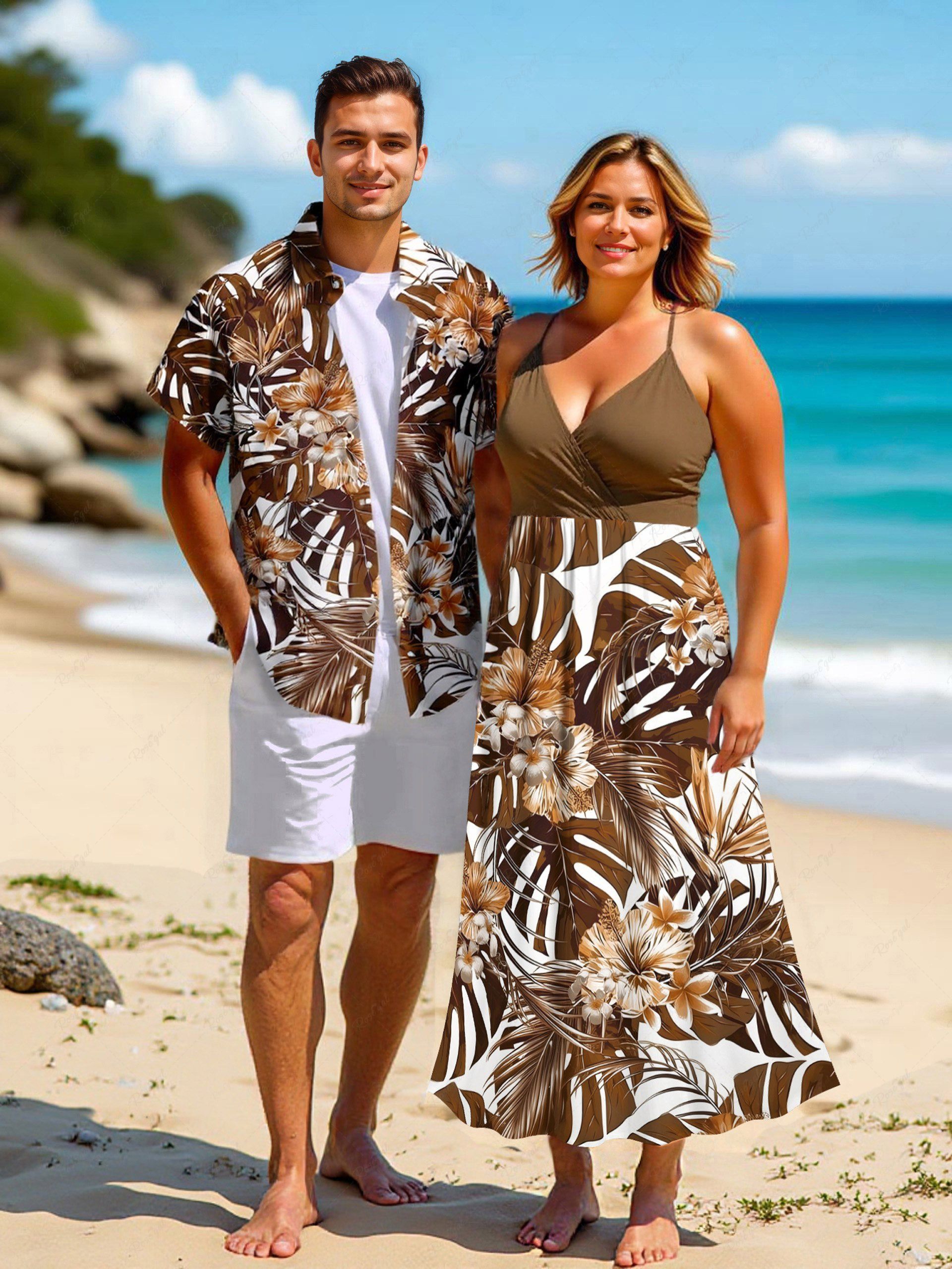 Tenue de plage hawaïenne assortie grande taille à imprimé feuilles tropicales et fleurs d'hibiscus pour couples café 