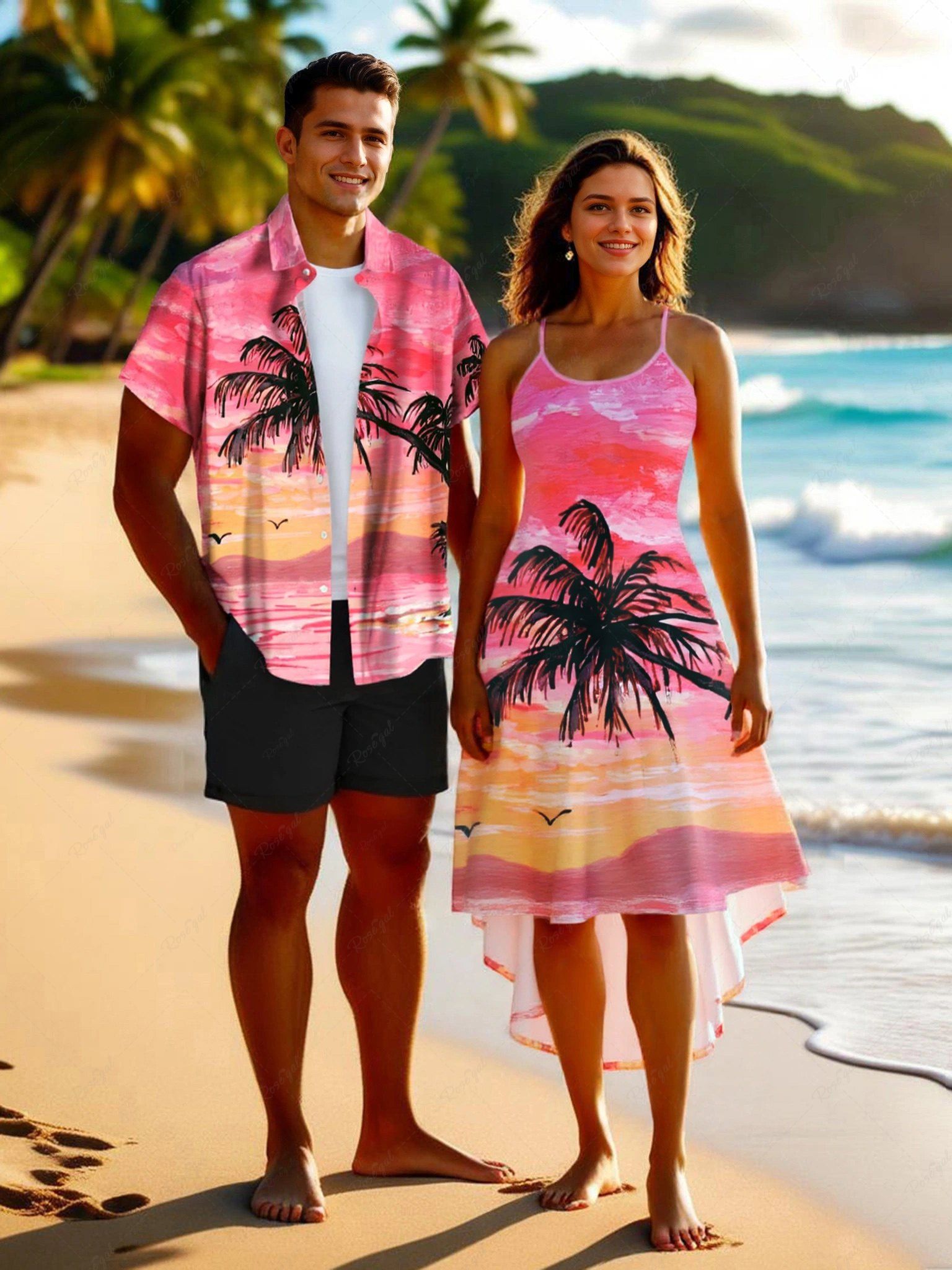 Best Coconut Tree Seascape Mountain Cloud Ombre Print Plus Size Matching Hawaii Beach Outfit For Couples  