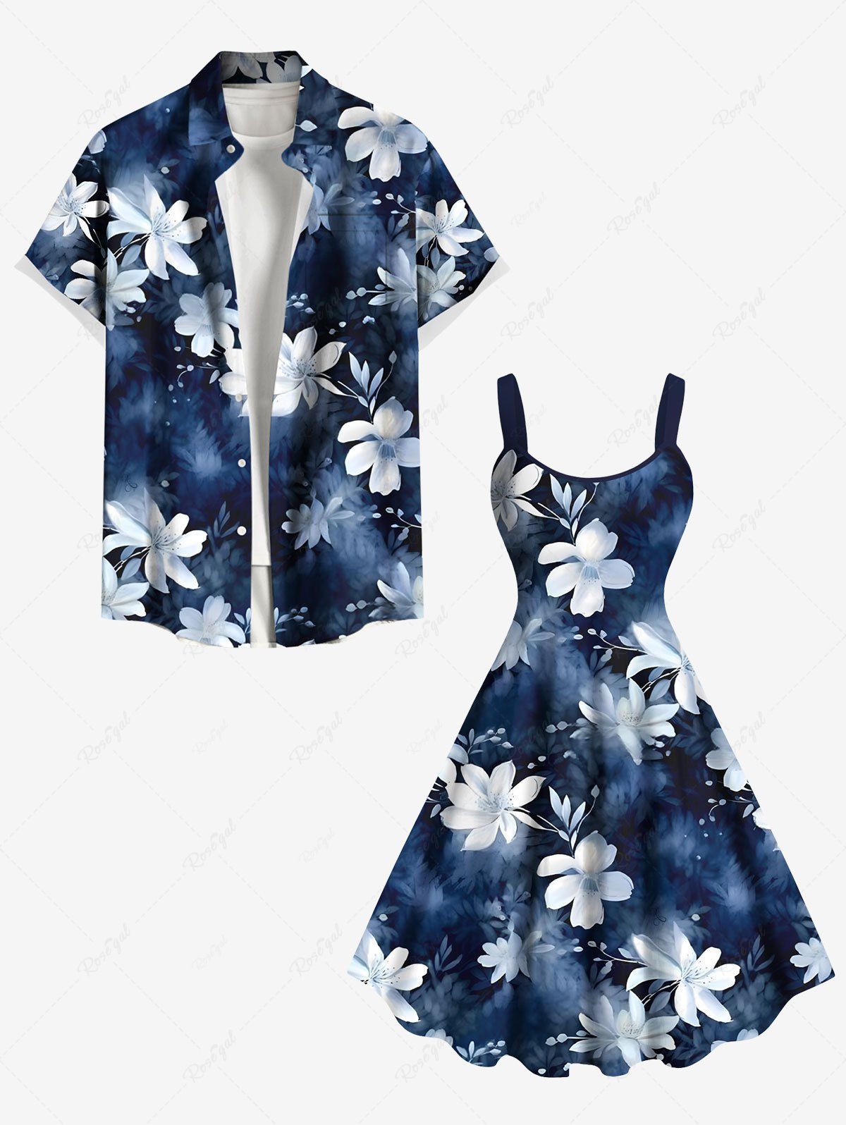 Tenue de plage hawaïenne assortie grande taille à imprimé floral ombré pour couples Bleu profond 
