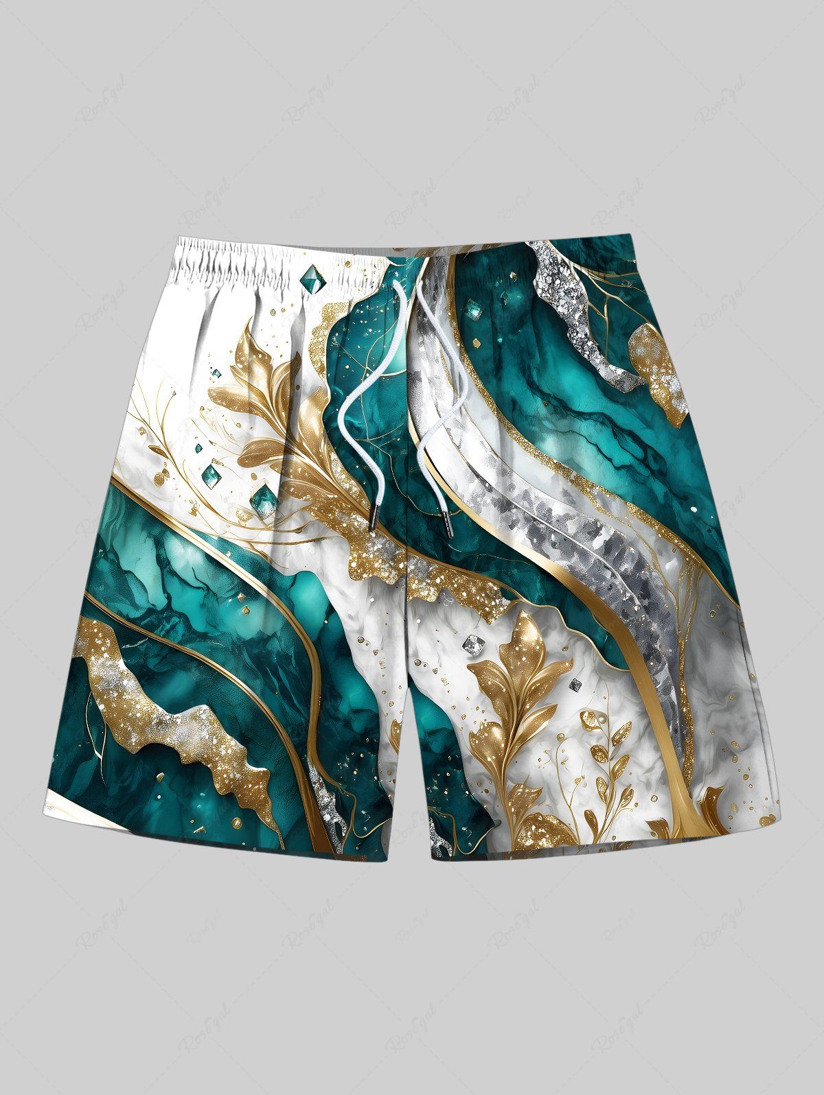 Store Plus Size Metallic Leaf Diamond Print Hawaii Beach Shorts For Men  