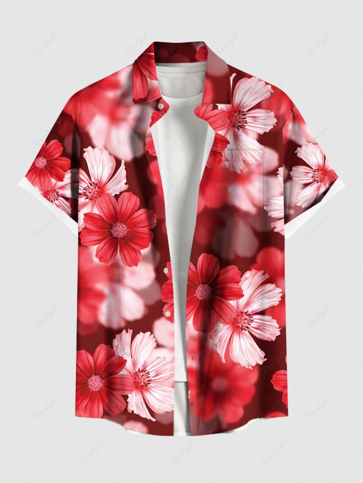 Chemise hawaïenne grande taille à imprimé marguerites ombré et poches boutonnées pour homme Rouge S