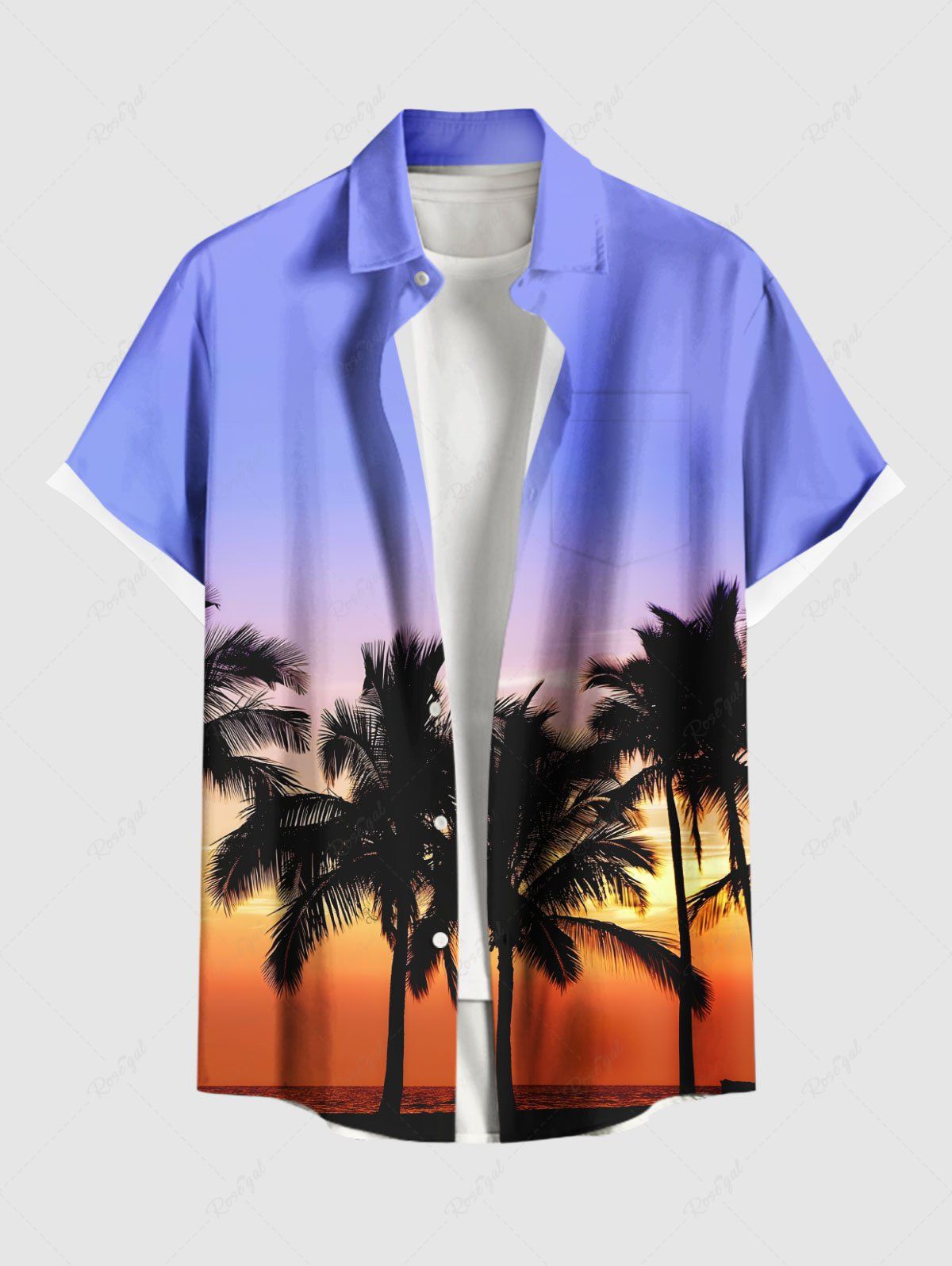 Fashion Plus Size Coconut Tree Ombre Sunset Dusk Print Hawaii Button Pocket Shirt For Men  