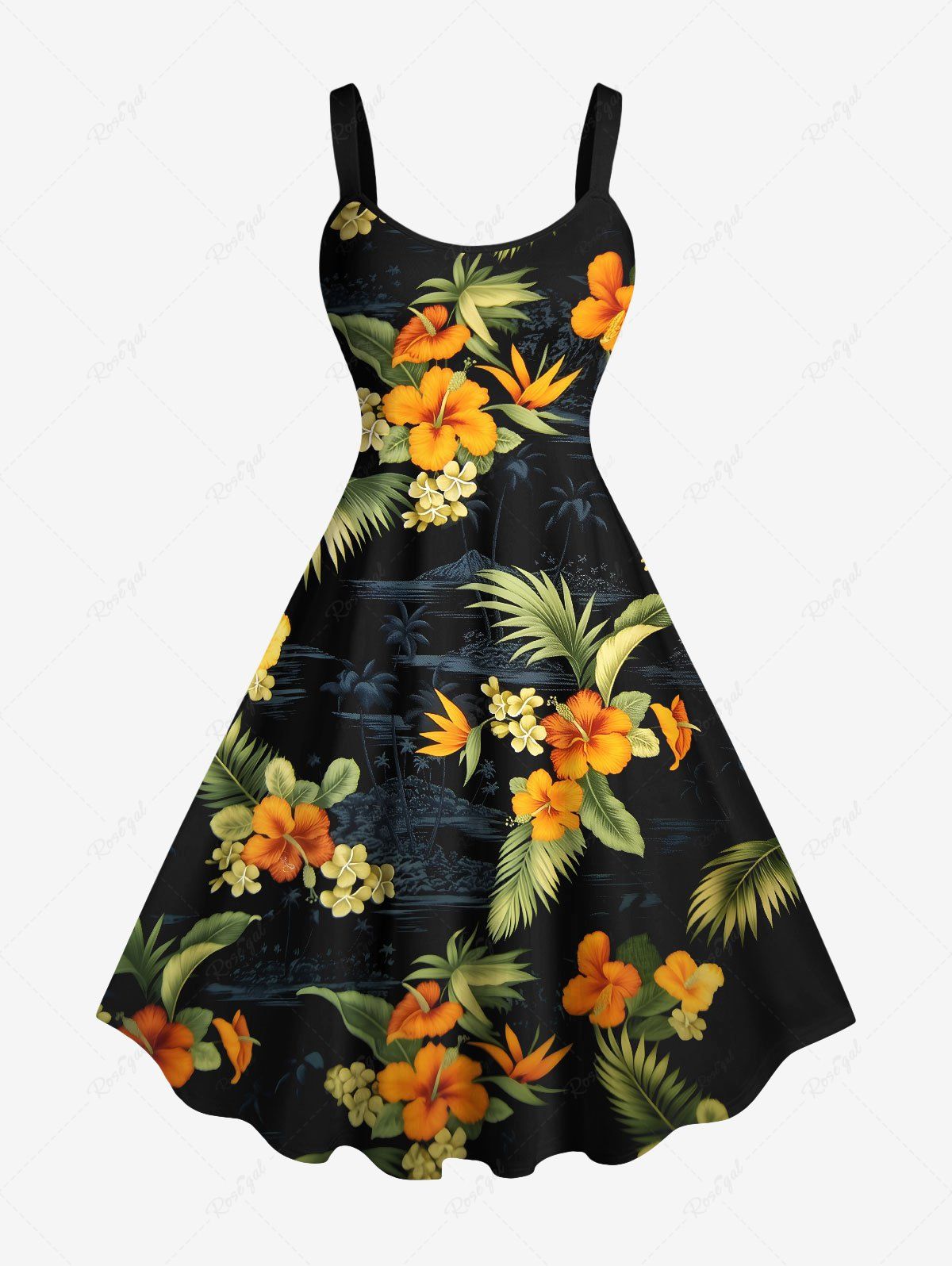 Fancy Plus Size Tropical Leaf Hibiscus Flower Print Hawaii A Line Tank Dress  