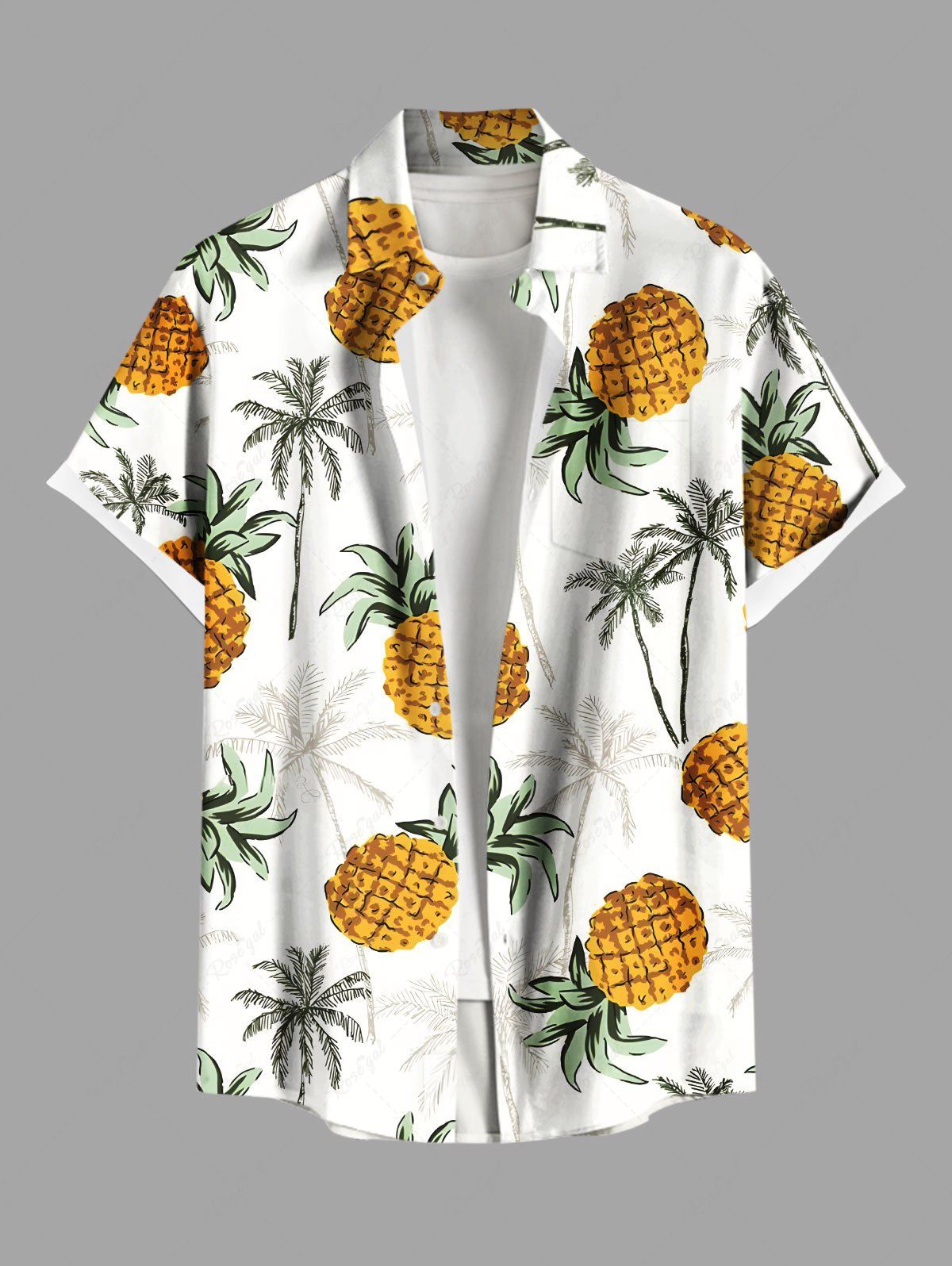 Chic Plus Size Coconut Tree Pineapple Print Hawaii Button Pocket Shirt For Men  