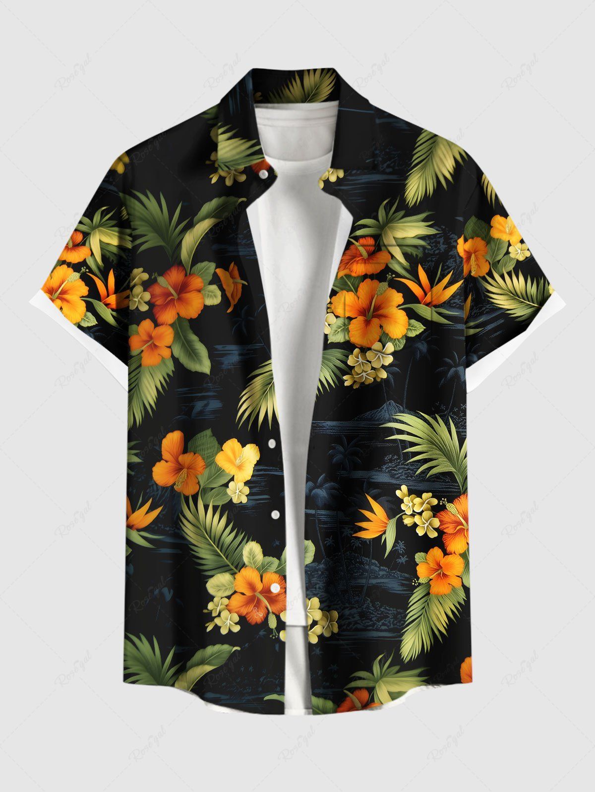 Outfits Plus Size Tropical Leaf Hibiscus Flower Print Hawaii Button Pocket Shirt For Men  