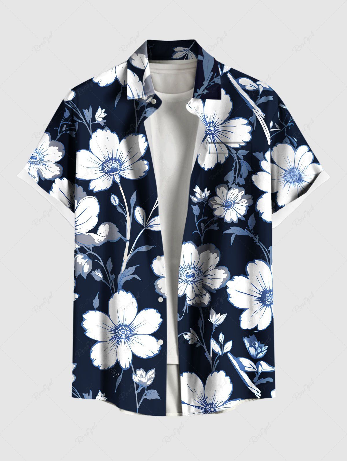 Hot Plus Size Hibiscus Flower Branch Print Hawaii Ombre Button Pocket Shirt For Men  