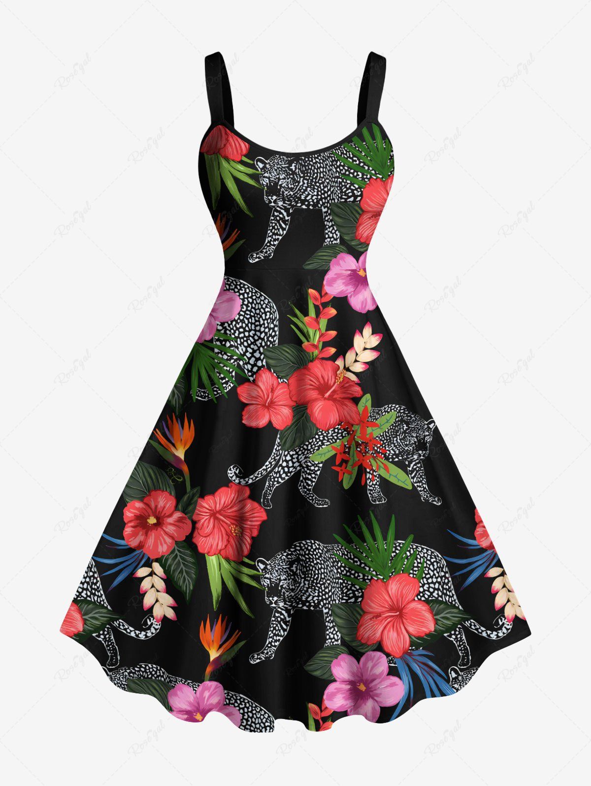 Trendy Plus Size Tropical Leaf Hibiscus Flower Leopard Print Hawaii A Line Tank Dress  