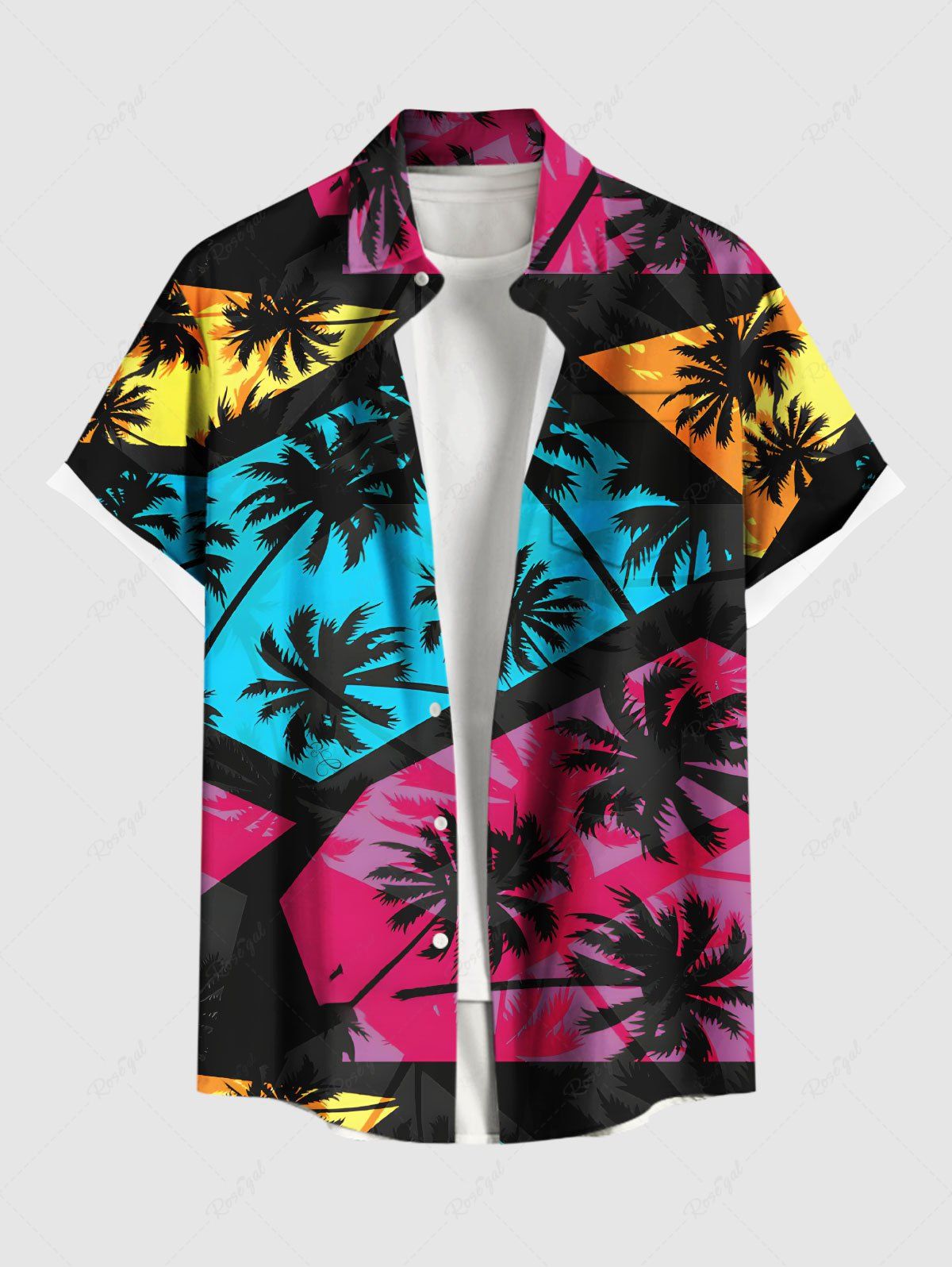 Latest Plus Size Coconut Tree Geometric Colorblock Print Hawaii Button Pocket Shirt For Men  