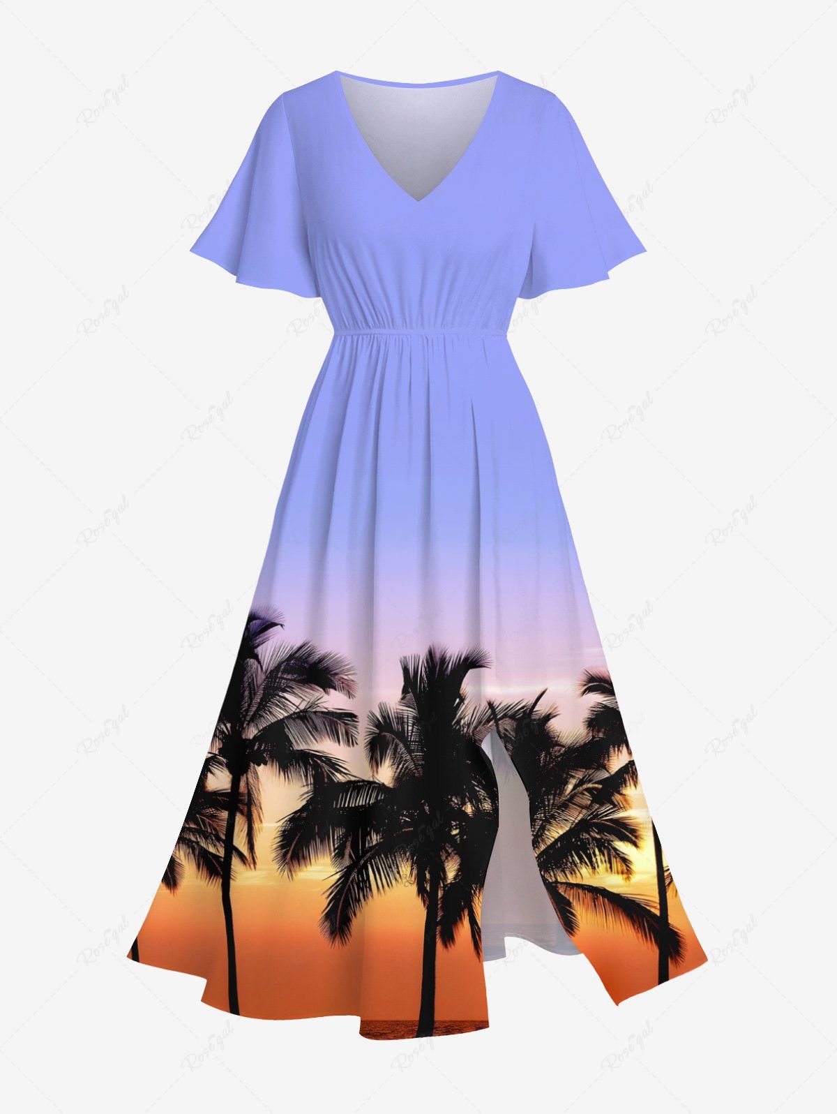 Robe mi-longue trapèze grande taille à imprimé cocotiers, dégradé, coucher de soleil et crépuscule, style hawaïen, avec poches fendues Bleu clair 6X