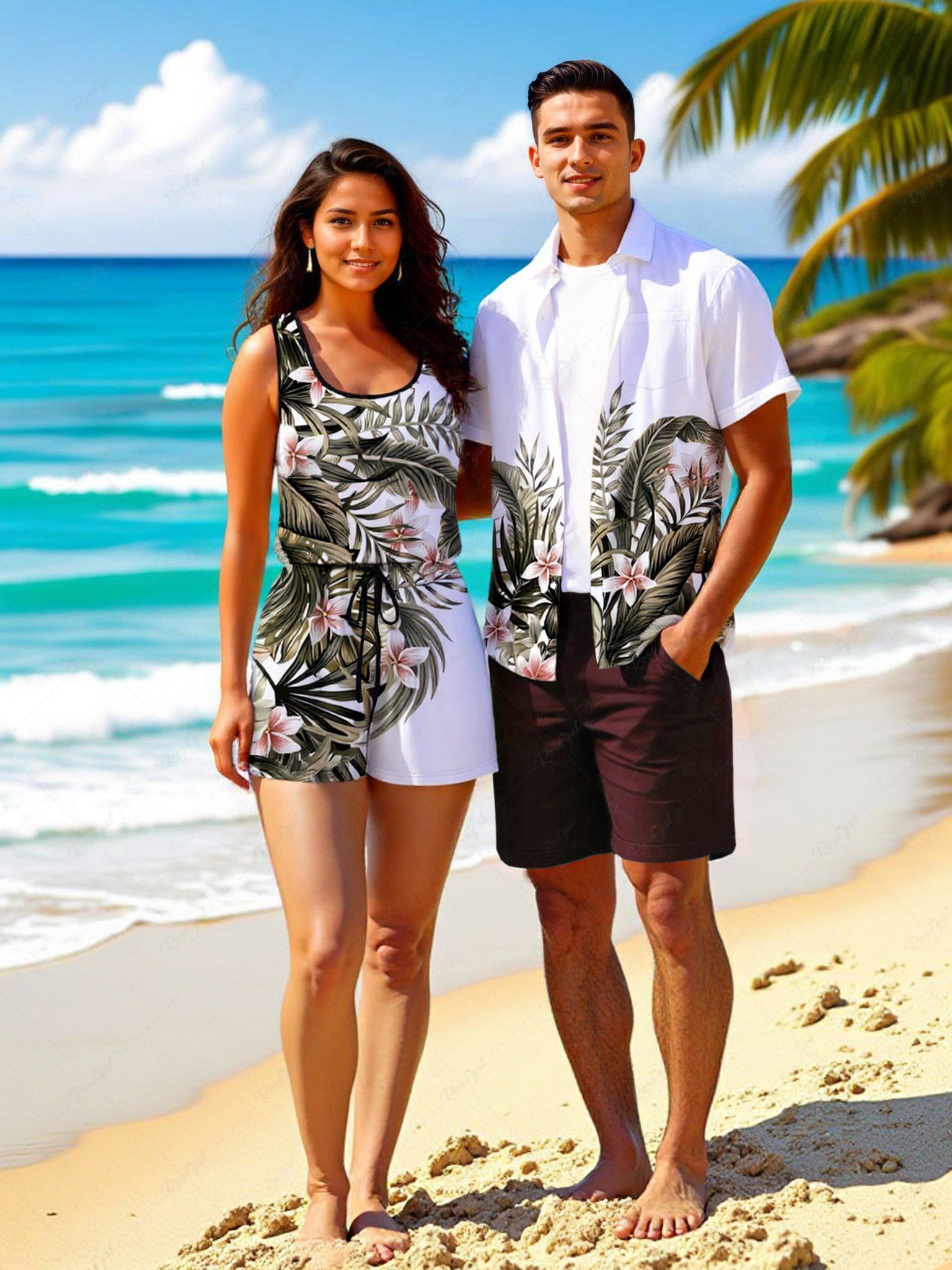Ensemble chemise et barboteuse hawaïennes assorties, grande taille, tenue de plage, imprimé feuilles tropicales et hibiscus, pour couples Blanc 