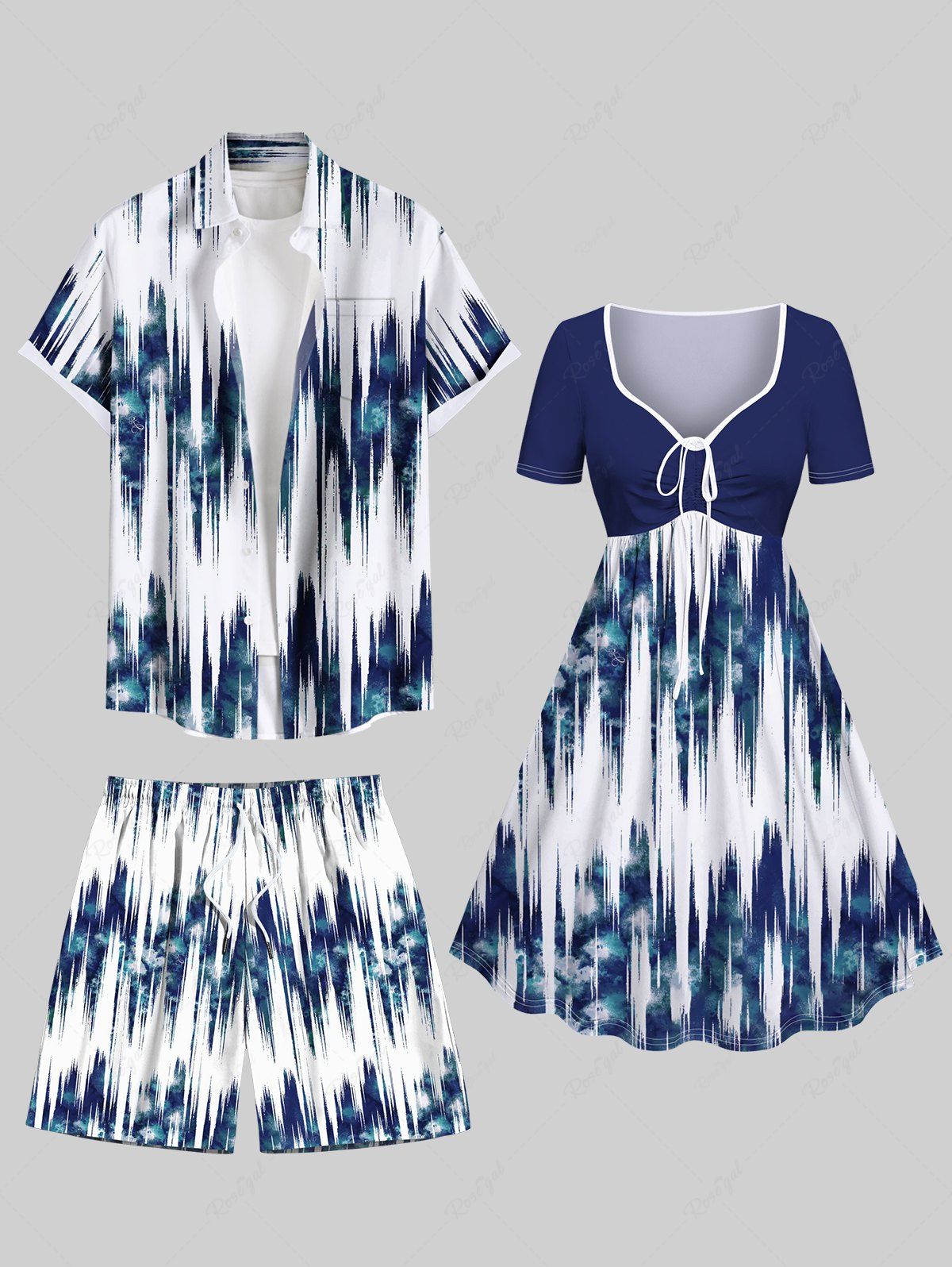 Tenue de plage hawaïenne assortie grande taille, motif vague légère, tie-dye et ombré, pour couple Bleu 