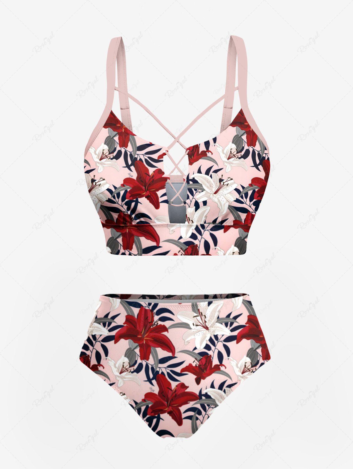 Sale Tropical Leaf Hibiscus Flower Print Hawaii Lace Up Tankini Top and Swim Bottom Plus Size Matching Set  
