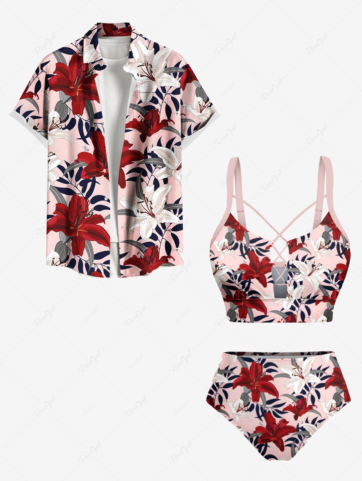 Maillot de bain grande taille à imprimé feuilles tropicales et fleurs d'hibiscus, tenue de plage hawaïenne assortie pour couples Rouge 