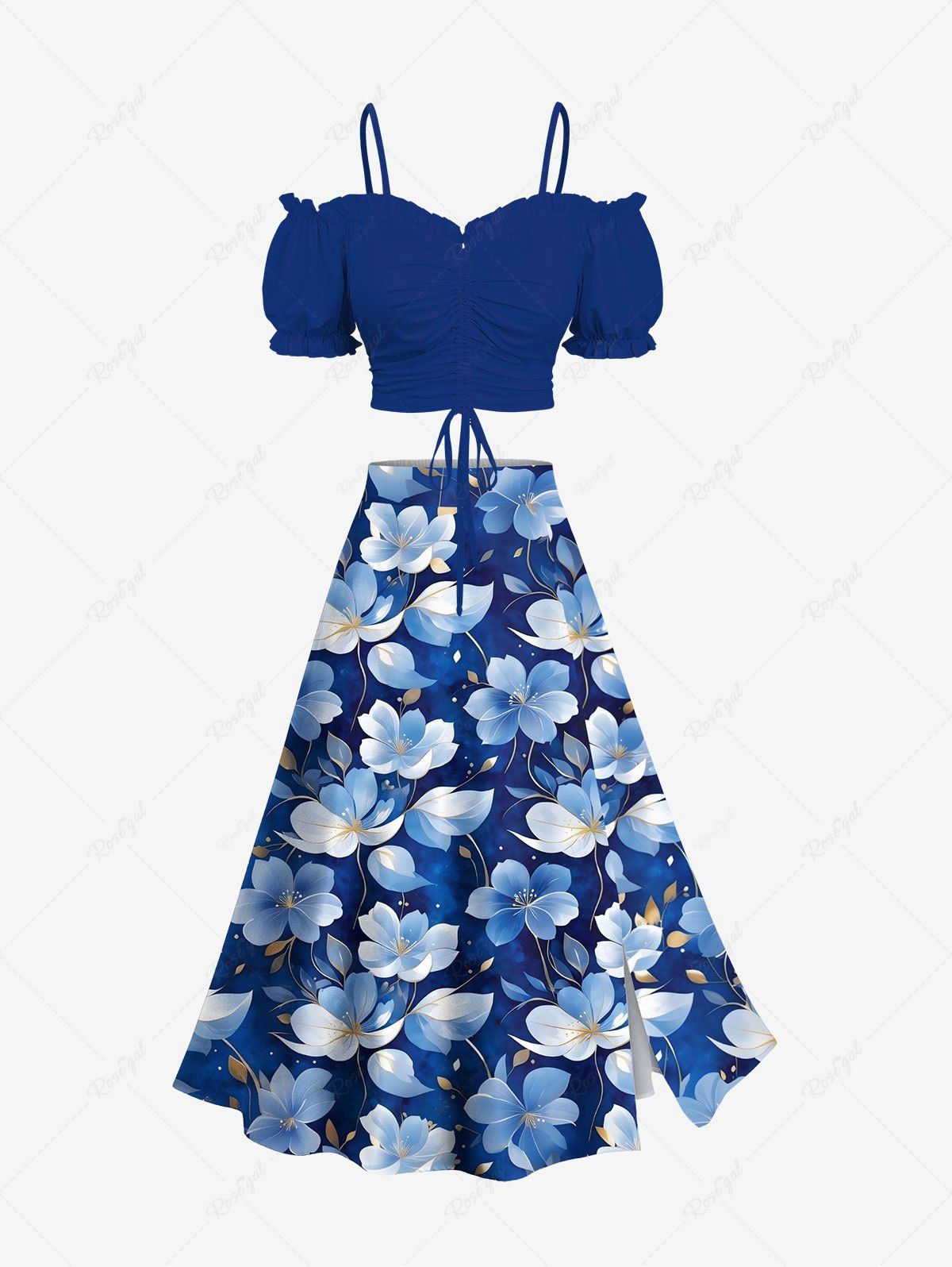 Store Cinched Ruffles Cold Shoulder Cami Top and Flowers Print Split Hawaii Skirt Plus Size Matching Set  