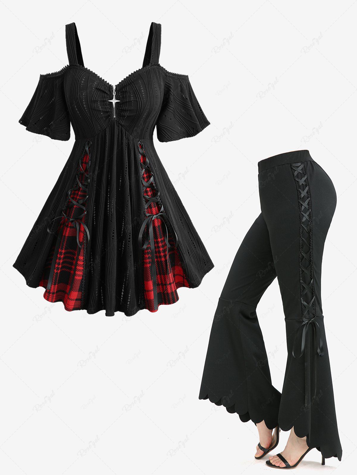 Cheap Plaid Printed Zipper Hollow Out Jacquard Top and Scalloped Hem High Low Asymmetric Flare Pants Plus Size Outfit  