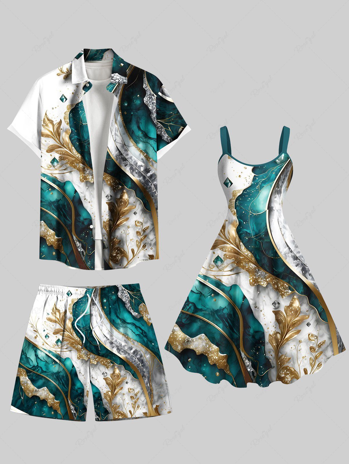 Tenue de plage hawaïenne grande taille à imprimé feuilles et diamants métalliques pour couples Vert 