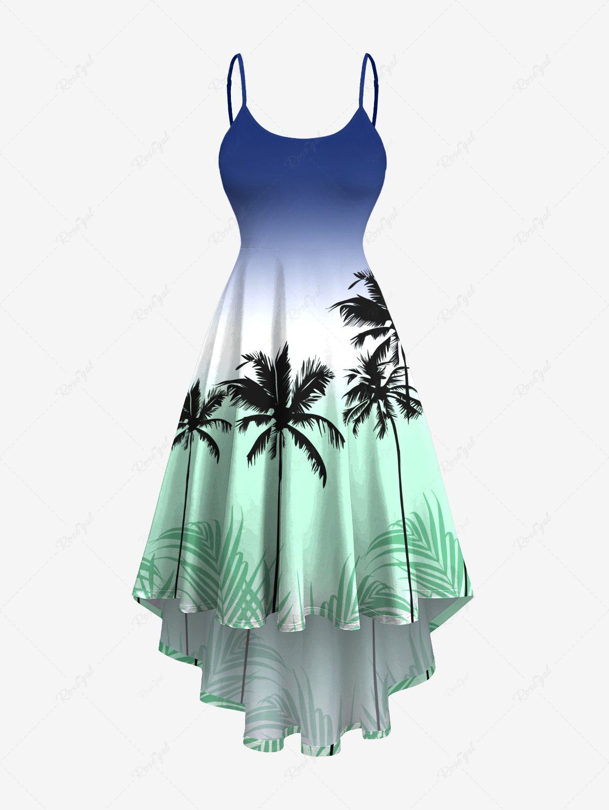 Best Plus Size Coconut Tree Ombre Colorblock Print High Low Hawaii Cami Dress  