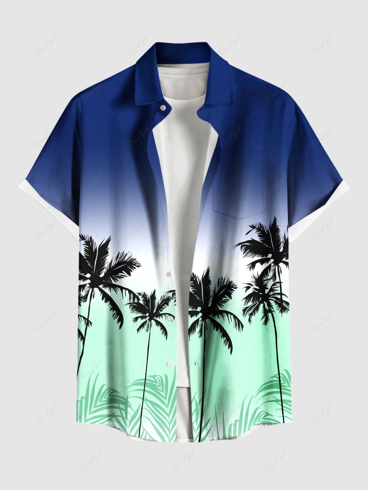 Chemise hawaïenne grande taille à imprimé cocotiers ombré et colorblock, boutons et poches, pour homme Bleu 6XL