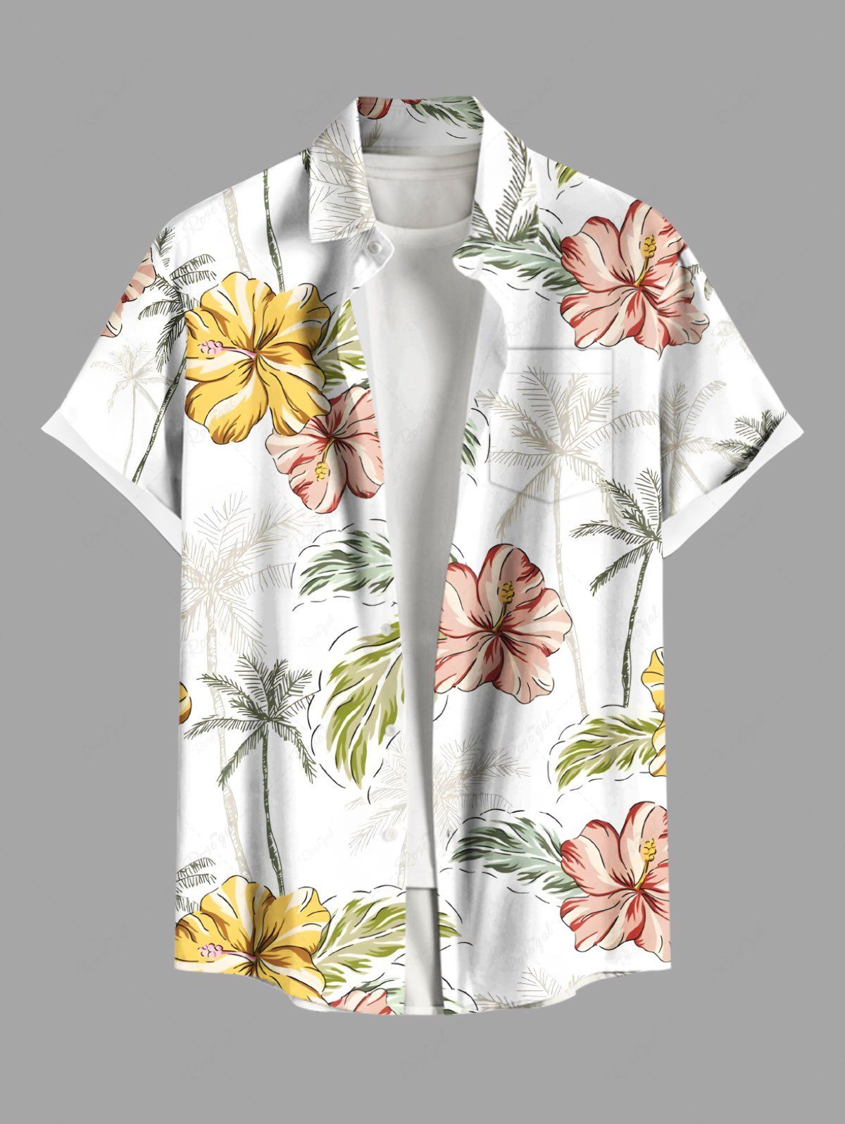 Trendy Plus Size Hibiscus Flower Leaf Coconut Tree Tropical Print Buttons Pocket Hawaii Shirt For Men  