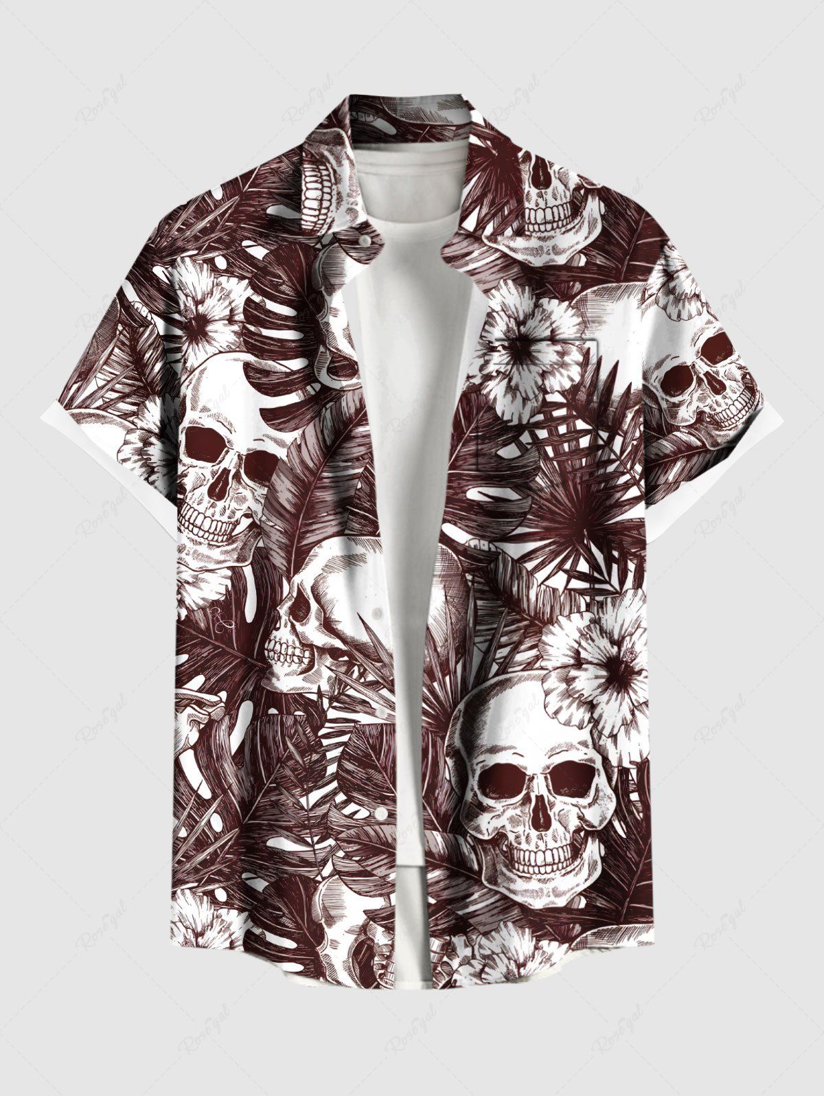 Fancy Plus Size Skulls Tropical Leaf Hibiscus Flowers Print Buttons Pocket Hawaii Shirt For Men  